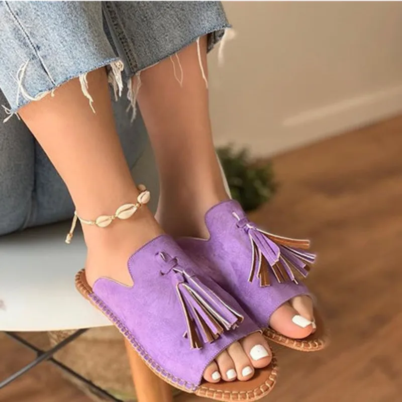 

2021 Summer Falt Heel Women Shoes Casual Open Toe Solid Slipper Ladies Fashion Fringe Purple Outside Beach Shoes Female New