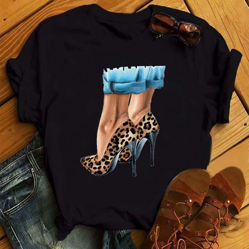 

Summer Fashion Women's Black T-Shirt Summer New Leopard Print High-HeeledShort-Sleeved Clothes Ladies Graphic T-Shirt Tops