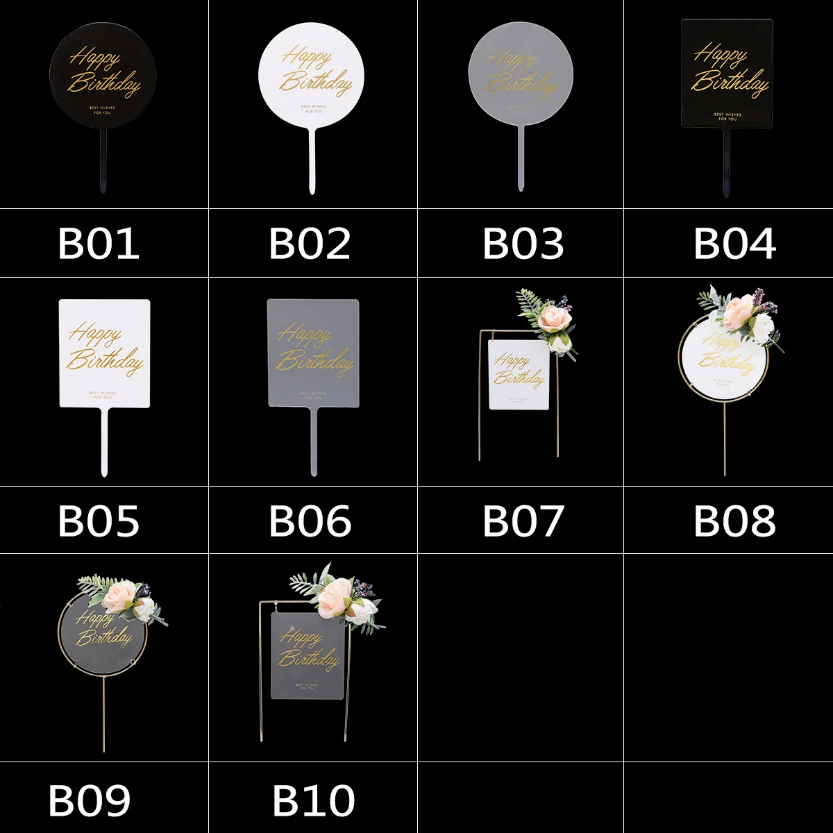 

1PC Happy Birthday Cake Topper Black White Acrylic Cake Flag with Flower Birthday Party Favor Dessert Baking Topper Decoration.7