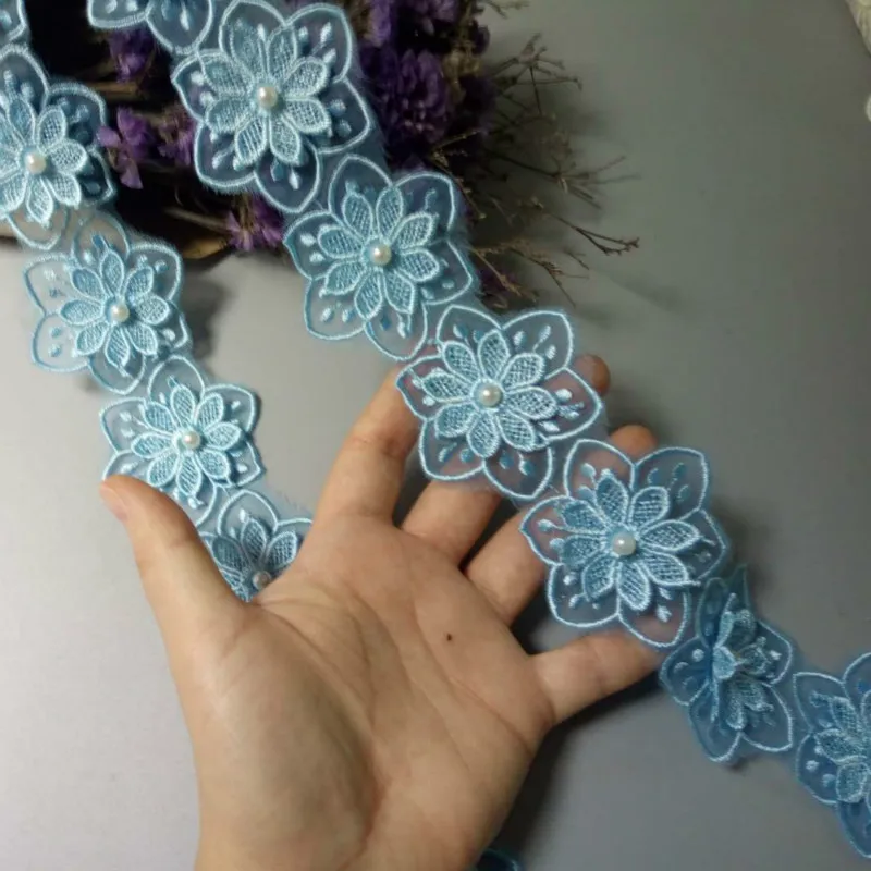 10x синий 5.5X5.5 см 3D хлопок жемчужный цветок вышитая кружевная отделка лента ручная