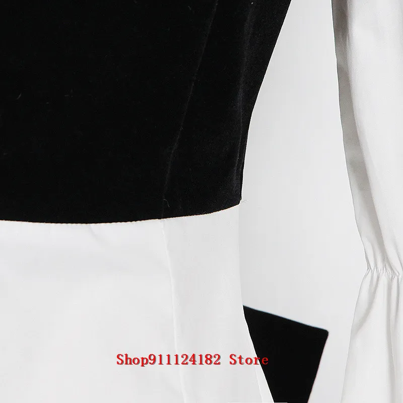

2021 Spring New Fashion Temperament Elegant Lapel Lantern Sleeve Stitching Bow Single Breasted Design Shirt