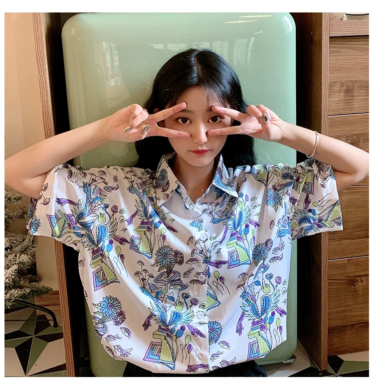 

Hipster Young Preppy Style Graffiti Print Women's Clothing Loose Blouses Fashion Brand Ulzzang Shirts Summer Vintage New