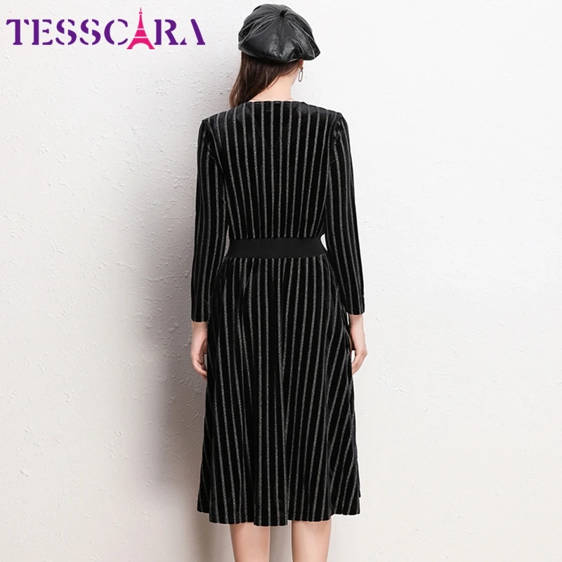 Женское осеннее элегантное бархатное платье TESSCARA в полоску женское дизайнерское