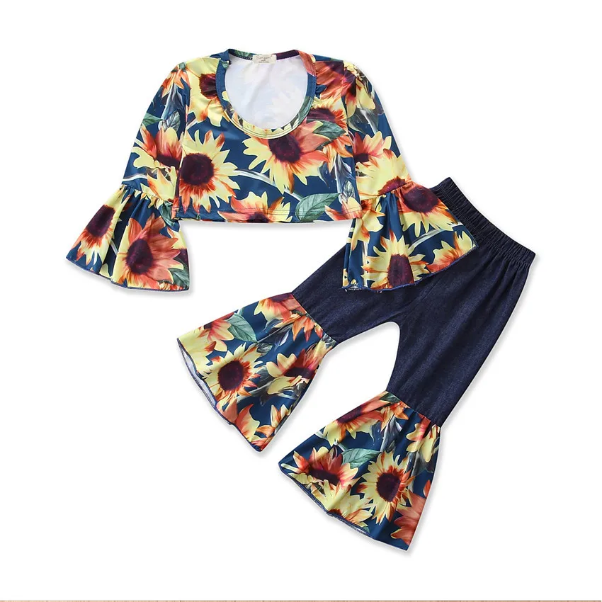 

Bulk Wholesale Sunflower Printed Baby Girls Clothing Set Fashion Kid Clothes Match Bell-bottom Girl Clothes Outfits