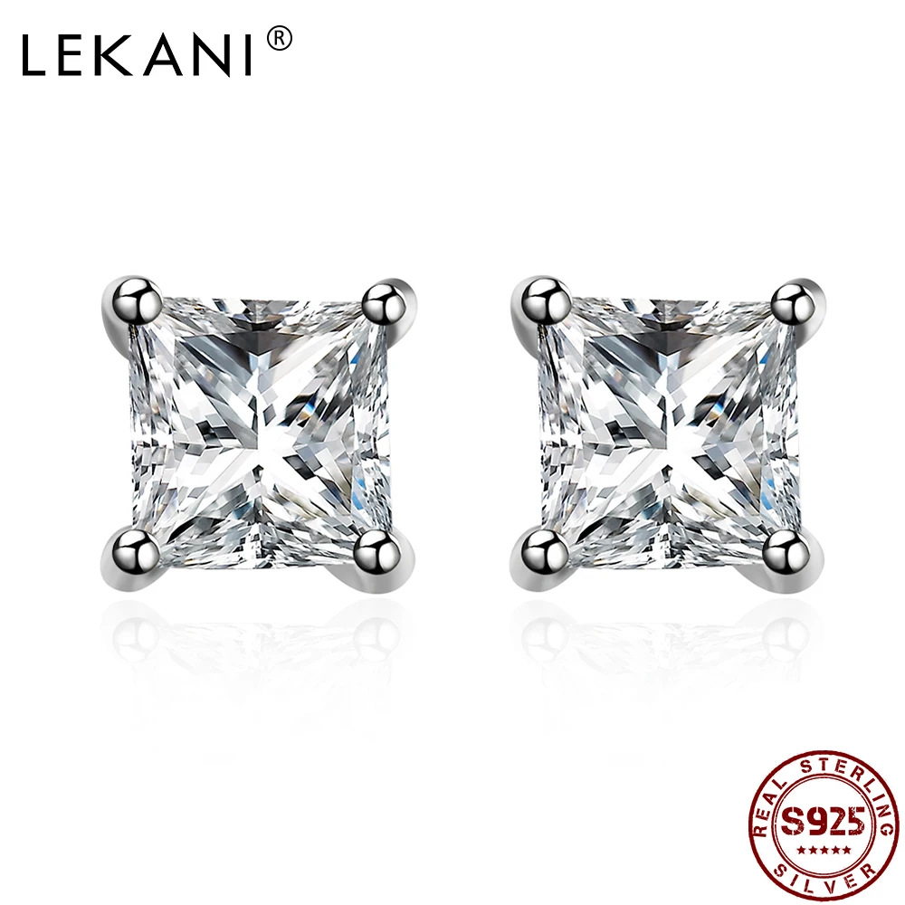 

LEKANI 925 Sterling Silver Earrings For Women Geometry Square Cubic Zirconia Stud Earring Female Wedding Engagement Jewelry