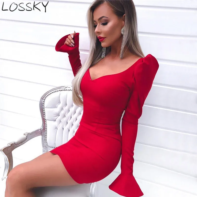 Женское осенне зимнее сексуальное облегающее платье мини однотонное винтажное