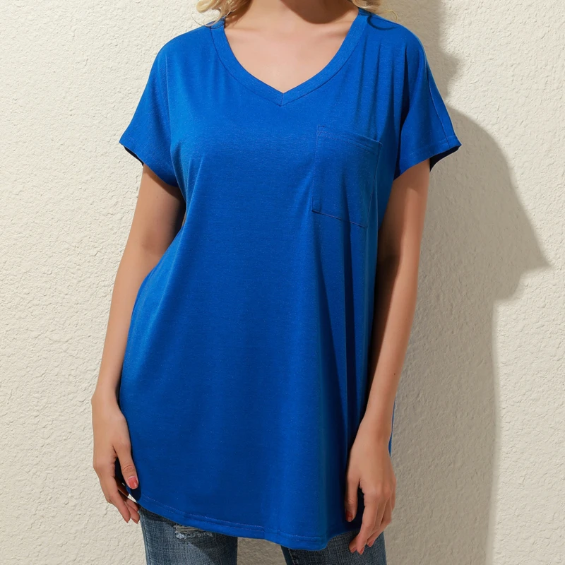 

Women Basic T-Shirt Solid Color Pocket Casual Short Sleeve V-Neck Plus Size Fashion Daily Ladies tee Running Fitness Top