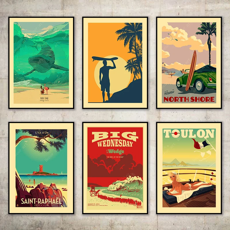Винтажная Картина на холсте постеры из крафт бумаги с покрытием для серфинга у