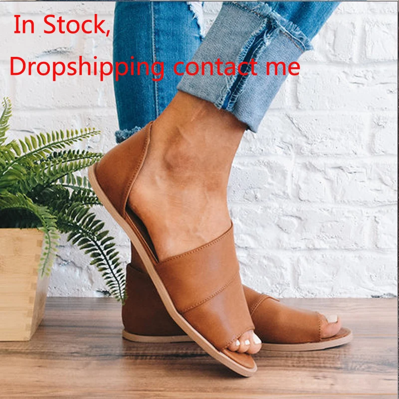 Женские сандалии с открытым носком боковые на плоской подошве пляжная обувь