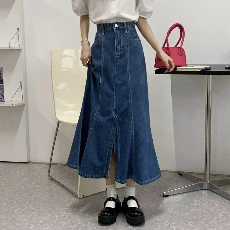 

Sweet Elegant Denim Midi Skirts Women Winter Casual France Vintage Split Skirt Girls Korea Style High Street Fishtail Skirt 2021