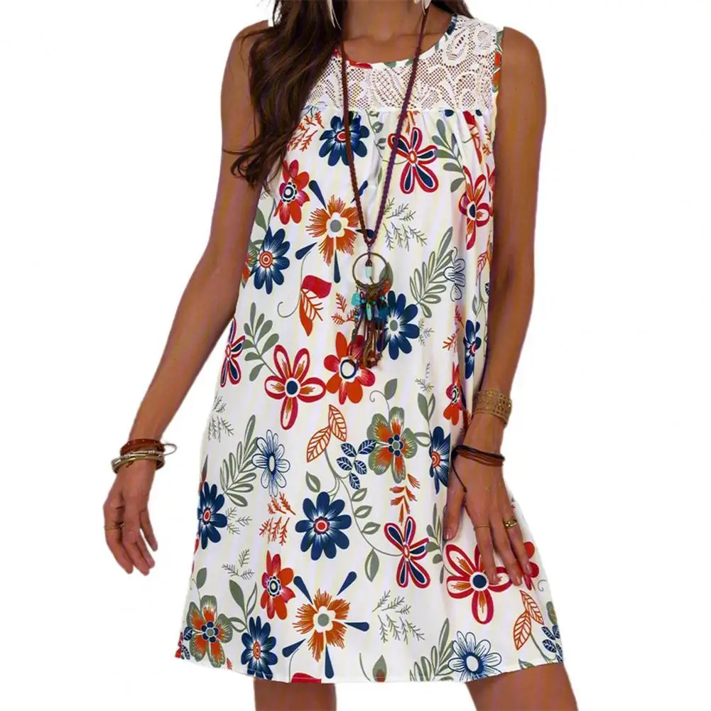 

Женские кружевные платья в стиле бохо с цветочным принтом, летнее винтажное свободное строченное мини-платье без рукавов, Женский Повседне...