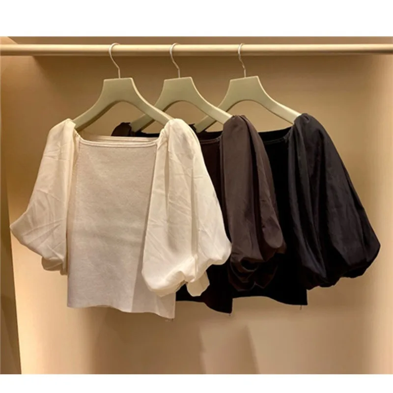 

Sexy Simple Slash Neck Women Blouse 2021 Spring Elegant Knitted Patchwork Tops Solid Vintage Casual Puff Sleeve Femme Blusas