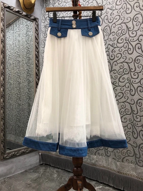 

2021 new women fashion net yarn perspective color matching denim decoration A-line skirt 710