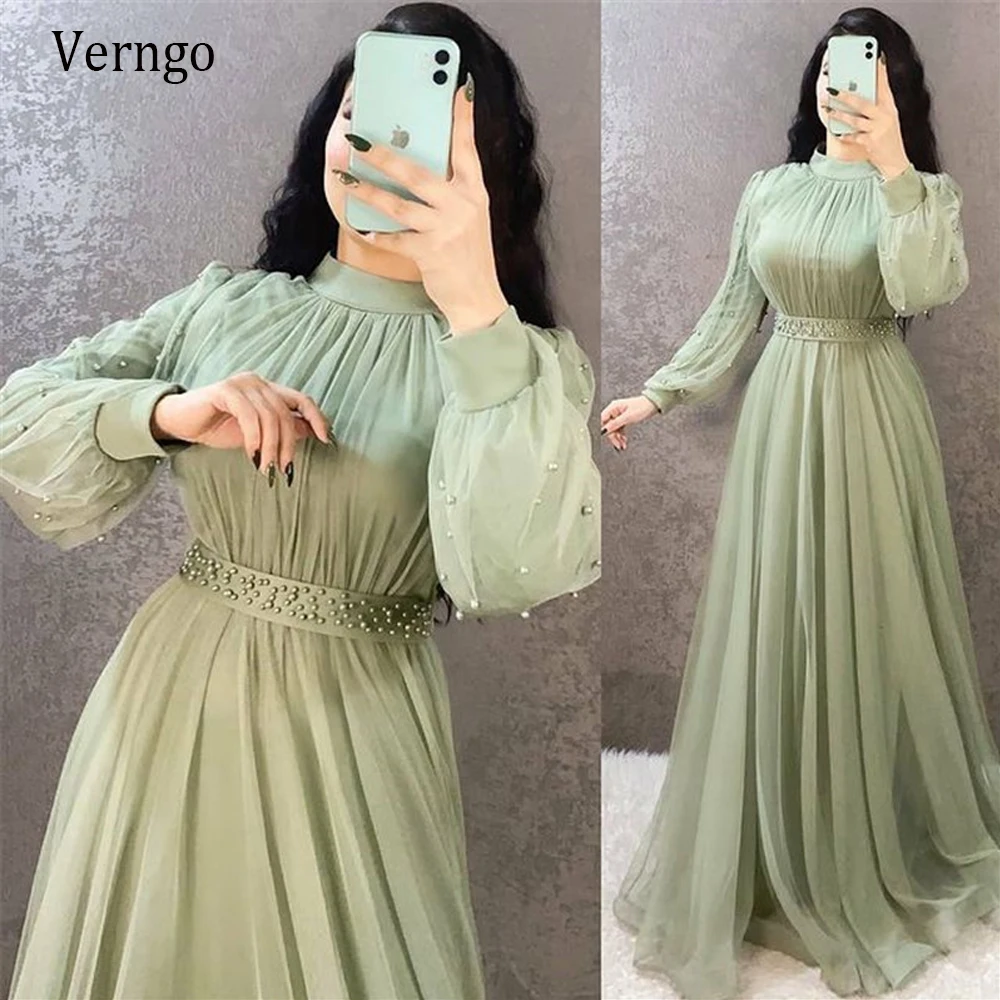 

Verngo Modest Teal Green A Line Tulle Prom Dresses Puff Long Sleeves High Neck Draped Beads Sash Arabic Mother Evening Gowns