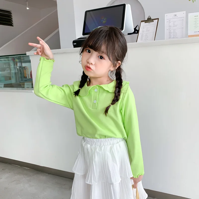 Детские топы хлопковая Футболка с кукольным воротником весна осень 2021 одежда для