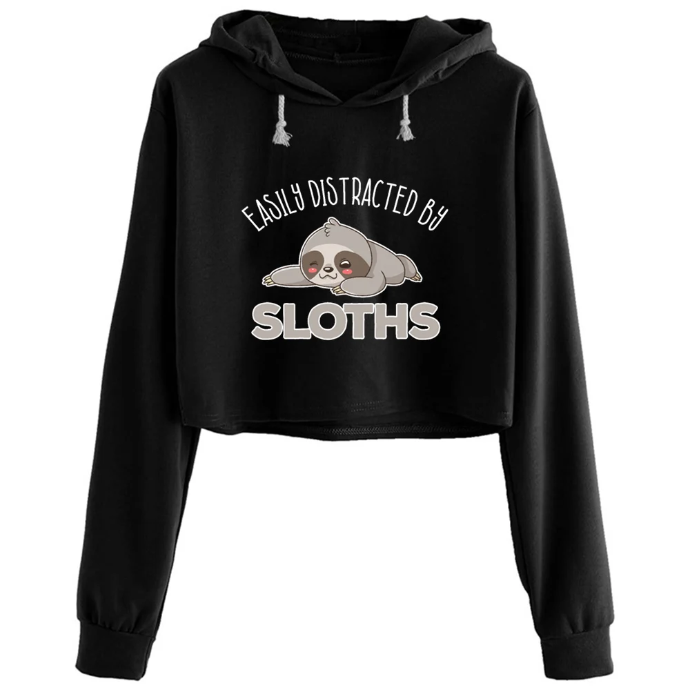 

Easily Distracted By Sloth Lazy Animal Lover Crop Hoodies Women Korean Y2k Kawaii Goth Pullover For Girls