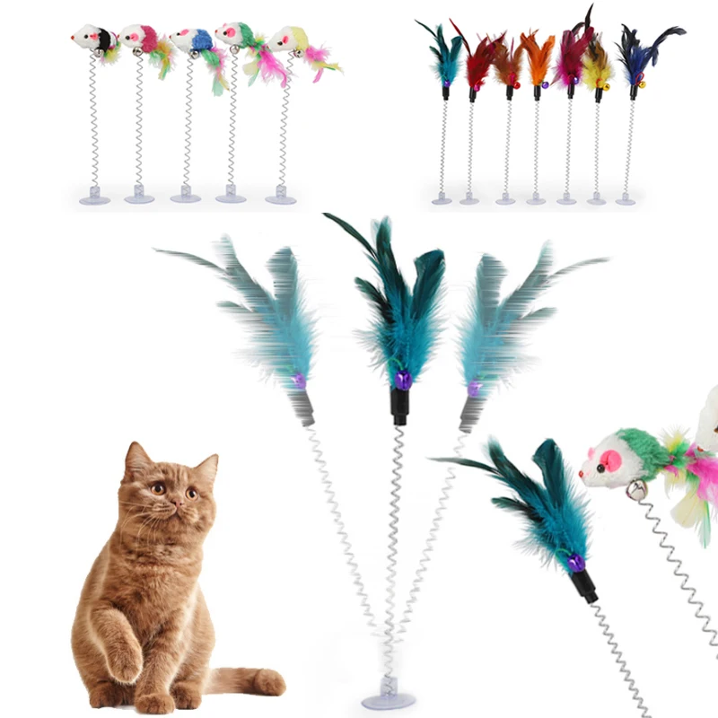 

1PC Random Color Spring Mouse Feather Cat Toys Elastic With Bell Bottom Sucker Attracts Attention Funny Pet Play Supply