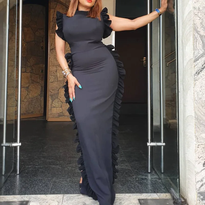 Для женщин тонкий плотный платье с оборками без рукавов длины макси платья