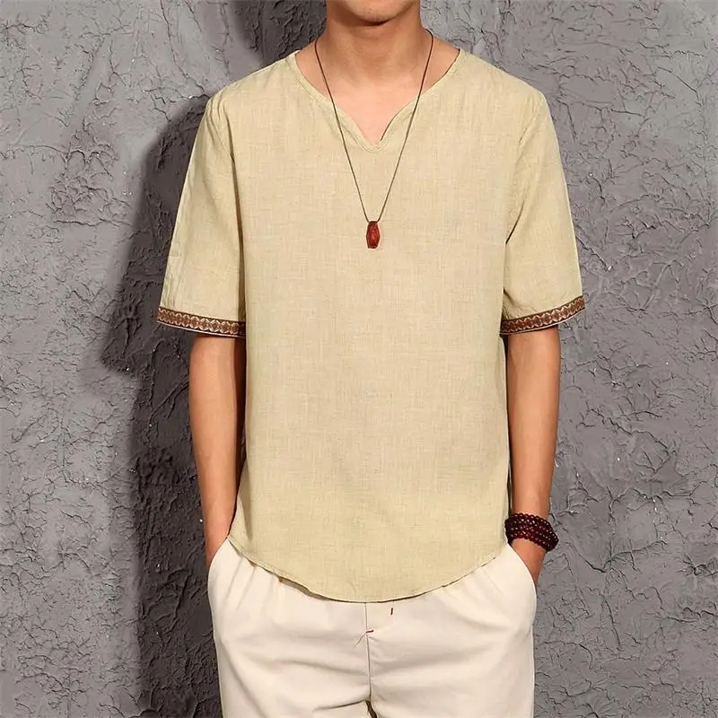 Традиционная китайская одежда для мужчин костюм Тан хлопковая льняная футболка