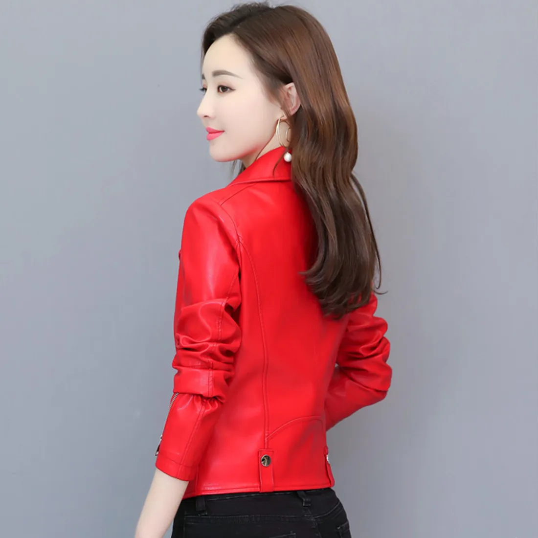 M-4XL Women Motobike Leather Jacket Spring Autumn Fashion Zipper Slim Tops Red Short Coat Black Sheepskin Outerwear Female