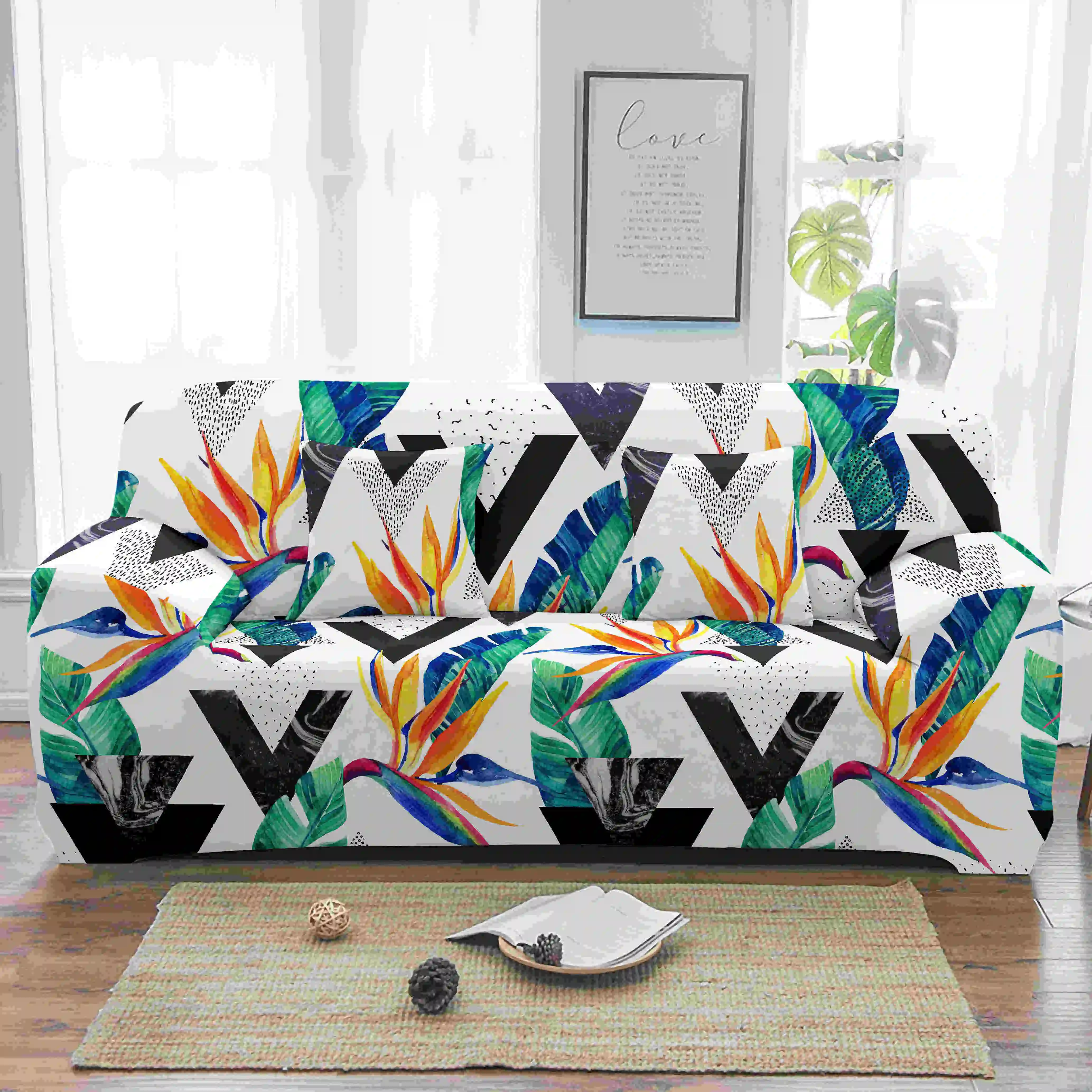 Homesky Tropical Leaves Elastic Sofa Cover for Living Room Flower Slipcover Stretch Armchair 1/2/3/4-seater | Дом и сад
