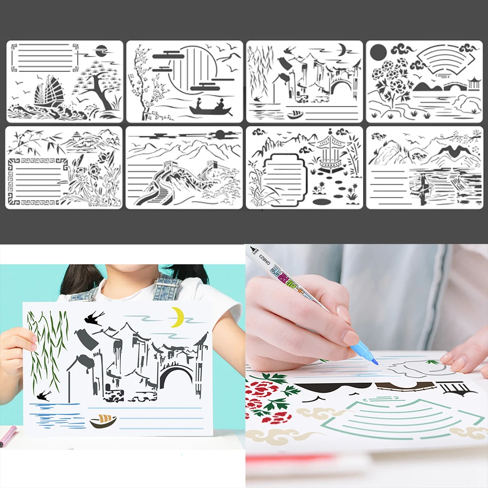 

8 Sheets A4 Chinese Style Landscape Series Painting Stencils DIY Hollow Drawing Graffiti Template Ruler Painting Template