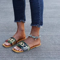 2021 new summer cool and comfortable metal buckle leopard leaf flat bottomed square toe womens slippers