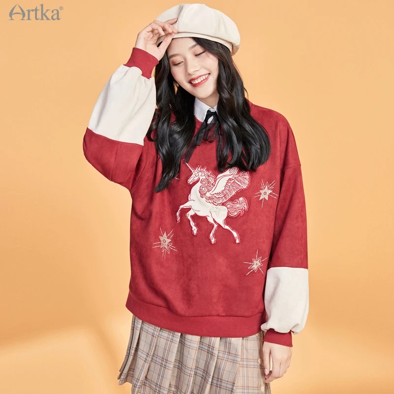 

Женская толстовка с вышивкой ARTKA, разноцветная свободная толстовка с круглым вырезом, 2 цвета, VA22005D, зима 2020