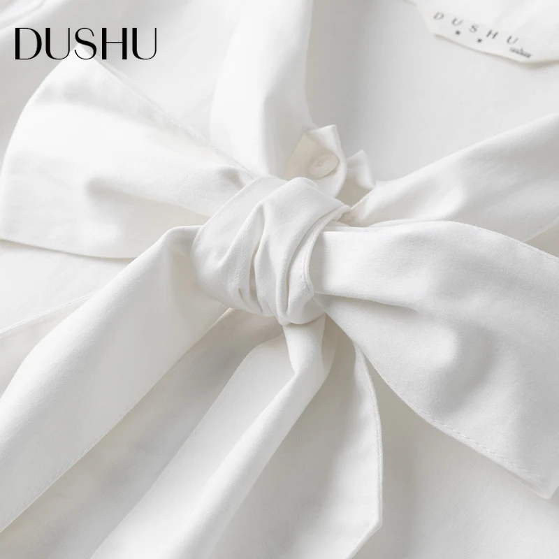

DUSHU Plus size office lady cotton white blouse shirt Women long sleeve bow tie front elegant top Female casual spring shirt