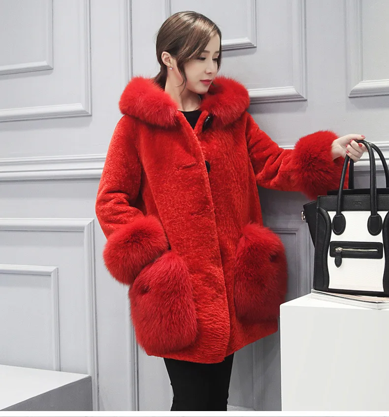 High-end Winter Faux Fox Women Fashion Fake Fur Coat Hooded Jacket Slim Nine Quarte Turn-down Collar Overcoat