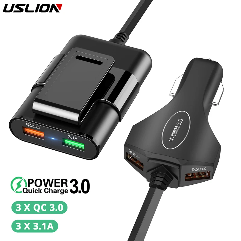 USLION, мульти USB, 4 порта, QC 3,0, автомобильное зарядное устройство, быстрая зарядка, телефон, быстрая зарядка, передний задний сиденье, зажим, зарядный адаптер, портативная вилка для iPhone