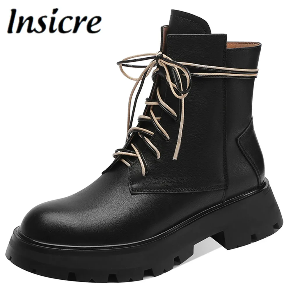 

Insicre Genuine Leather Women Thick Sole Lace Up Autumn Winter Short Ankle Boots Motorcycle Round Toe Zipper Casual Shoes