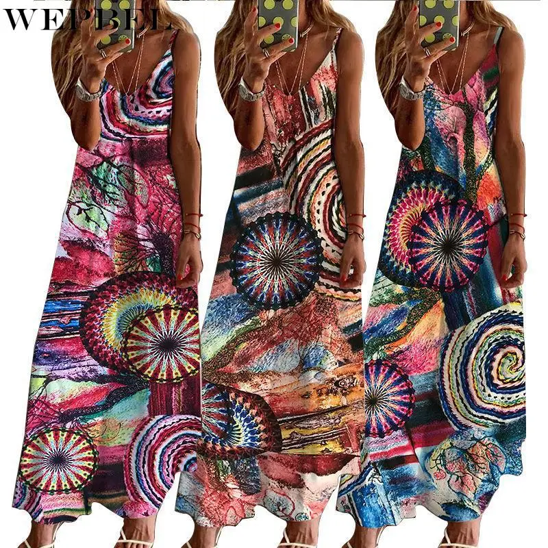 

WEPBEL Bohemian Dress Women's Casual Printed Loose Sleeveless Dress Summer Fashion V-neck Backless Spaghetti Strap Dress