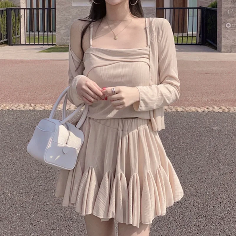 

Комплект из трех предметов Женский, милый модный солнцезащитный кардиган, пикантный костюм с подтяжками и юбкой, брюки, лето