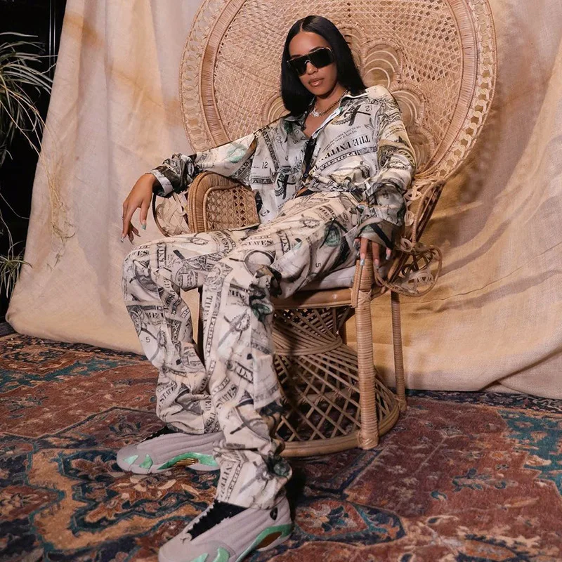 Женские брюки с принтом доллара крутая рубашка на пуговицах отложным воротником