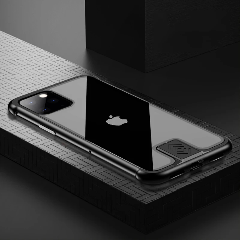 Для iPhone11 противоударный двухтактный металлический каркас задняя крышка из закаленного стекла чехол для iPhone 11pro Max чехол - Цвет: Black