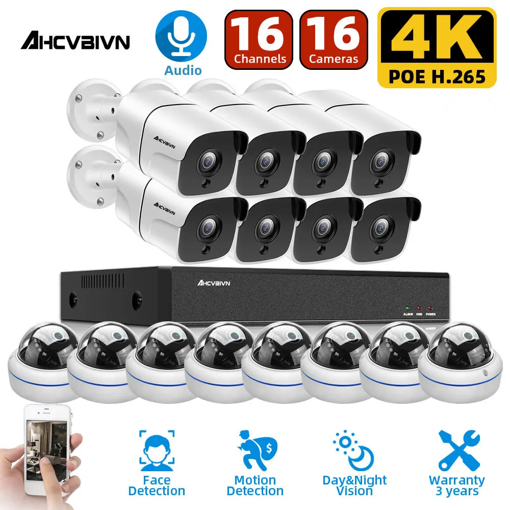 

AHCVBIVN 16CH NVR 8/16 шт. 4K 8MP купольная IP-камера POE NVR Kit, запись звука, ночное видение 30m H.265 P2P вид