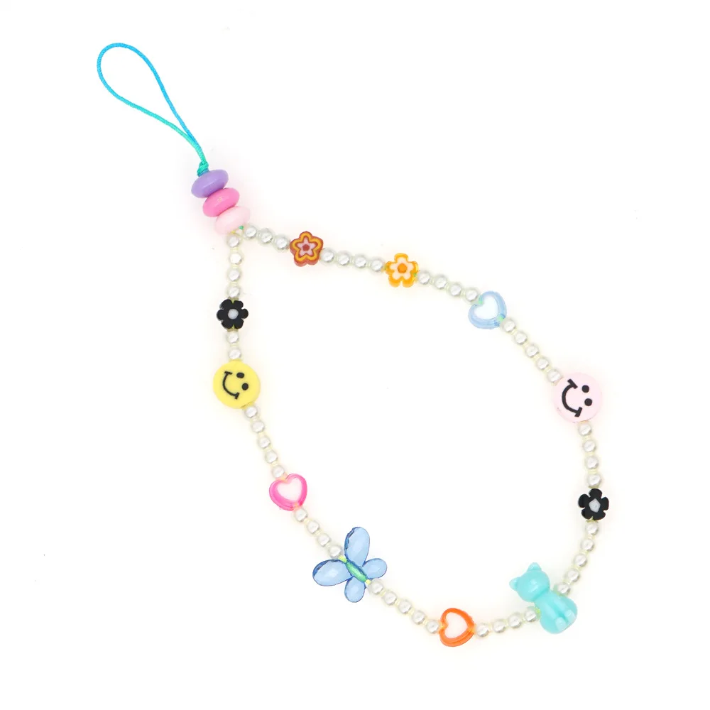 New Wrist Lanyard Chain For Mobile Phone Holder keys ID Card Keychain Cute smile face butterfly Handphone Strap Hanging Rope