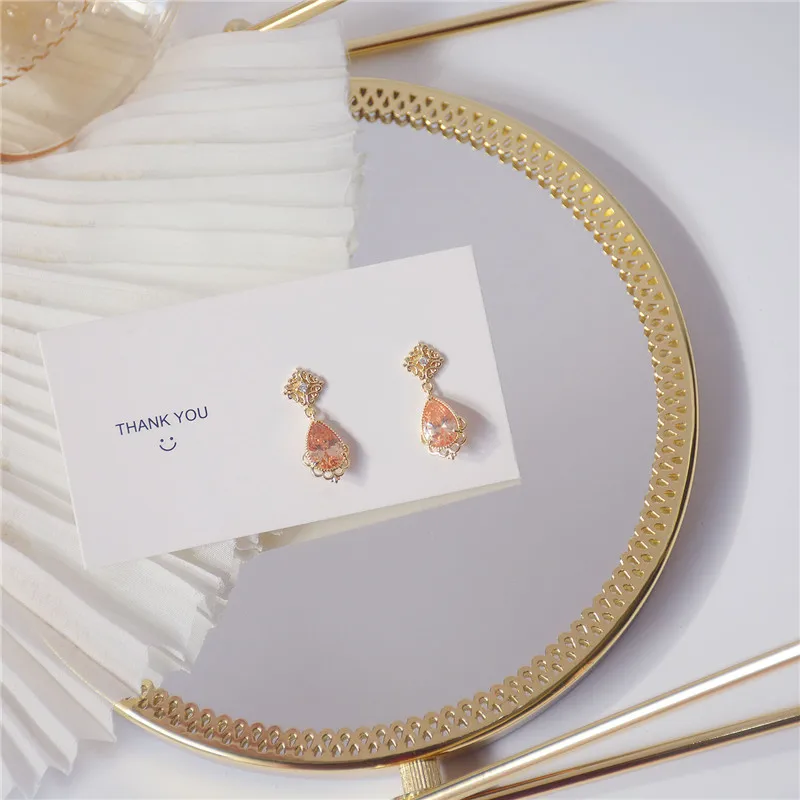 

OBEAR 14k Real Gold Plated Korean Creative Geometric Water Drop Zircon Stud Earrings Women Classic Charm Wedding Jewelry