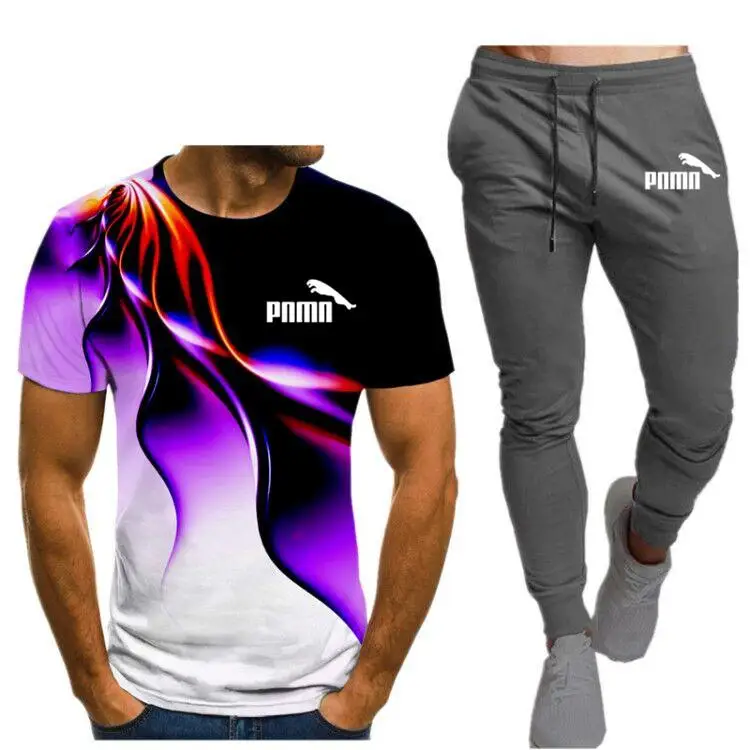 

2021New Men's Summer Leisure Sets T-Shirt+Pants Two Pieces Casual Tracksuit Male Sportswear Gym Brand Clothing Sweat Suit