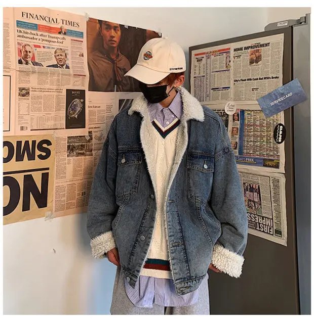 Winter Plus Velvet Thick Denim Jacket Men's Warm Parka Men Fashion Lamb Fur Coat Man Loose Cotton Denim Jacket Male Clothes