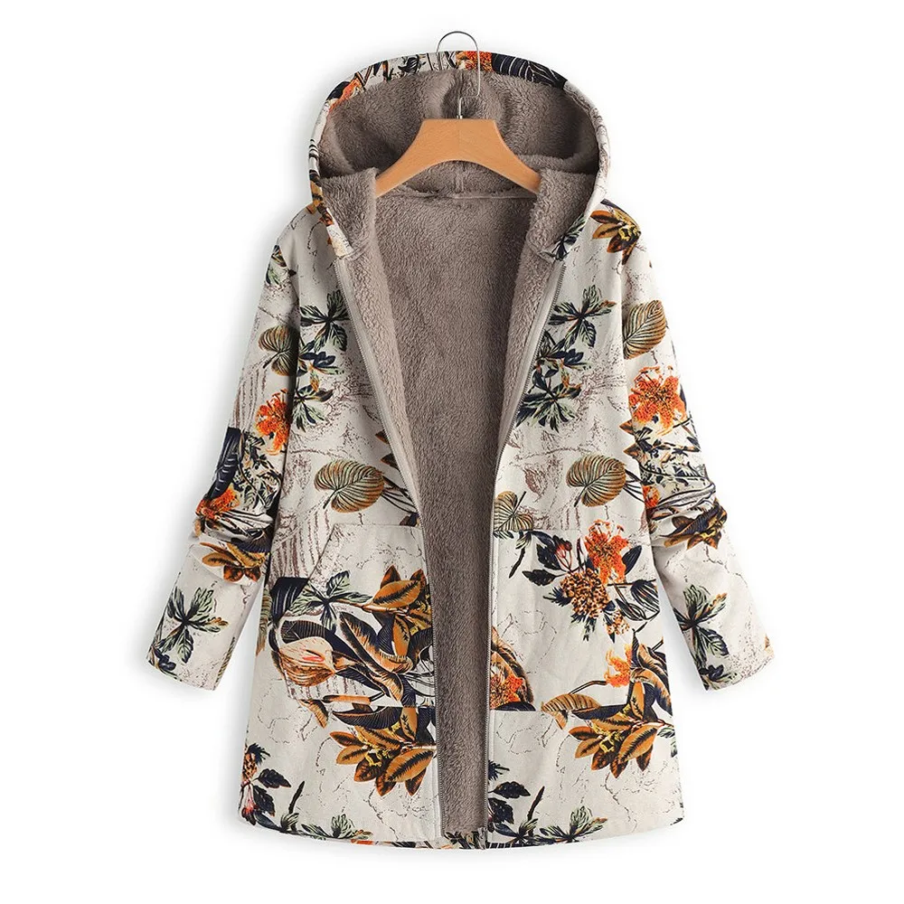 

Womens Winter Coat Warm Outwear Floral Print Hooded Pockets Vintage Oversize Long-sleeves Zipper Thick Jacket Top Coats #45
