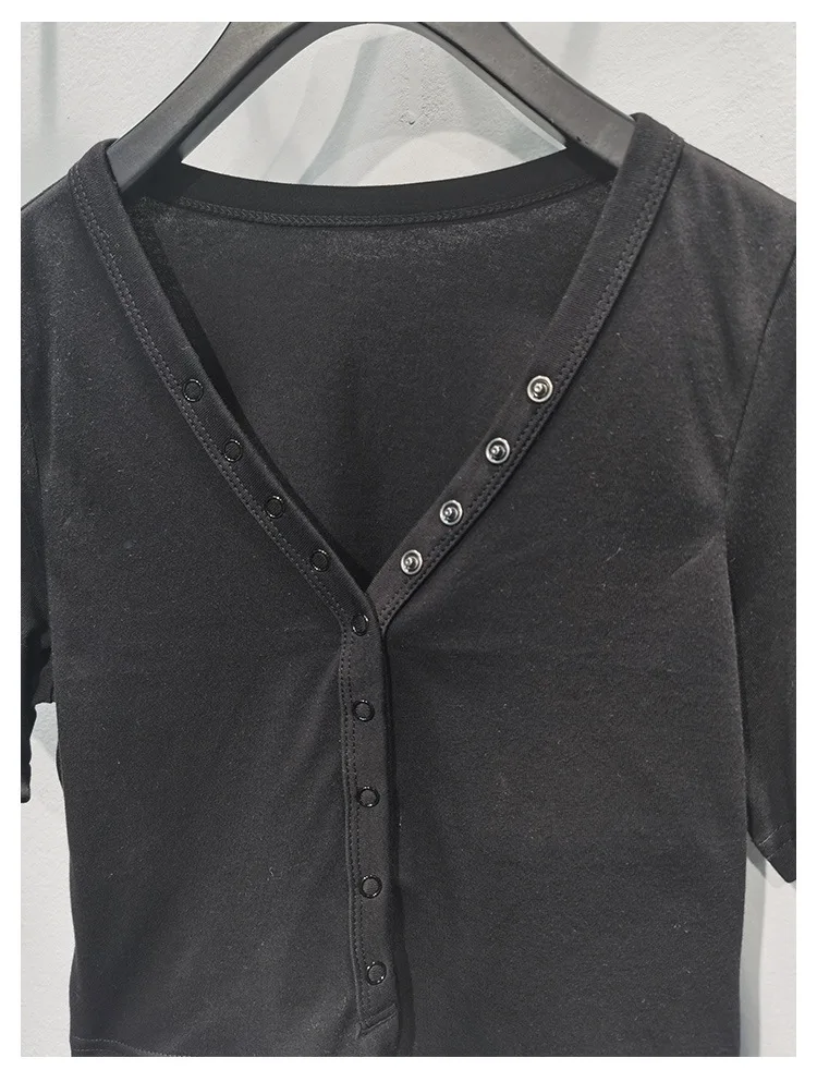 

High Quality Spring and Summer New Single-breasted Short-sleeved Cotton Short All-match T-shirt Top Women