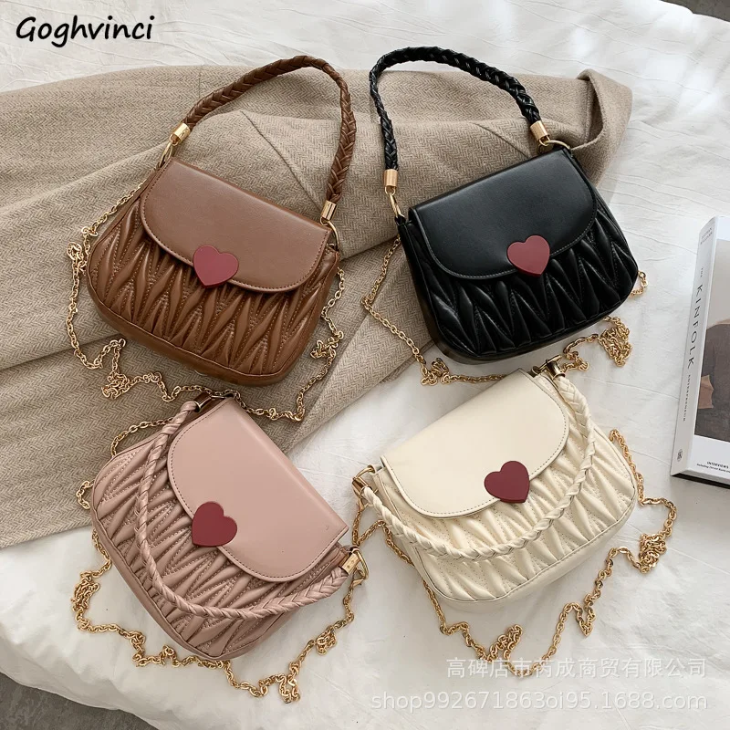 

New PU Leather Women Crossbody Bags Sling Pleated Chain-bag Office Lady Solid Sweet Chic Large Capacity Trendy Cross-body Bag