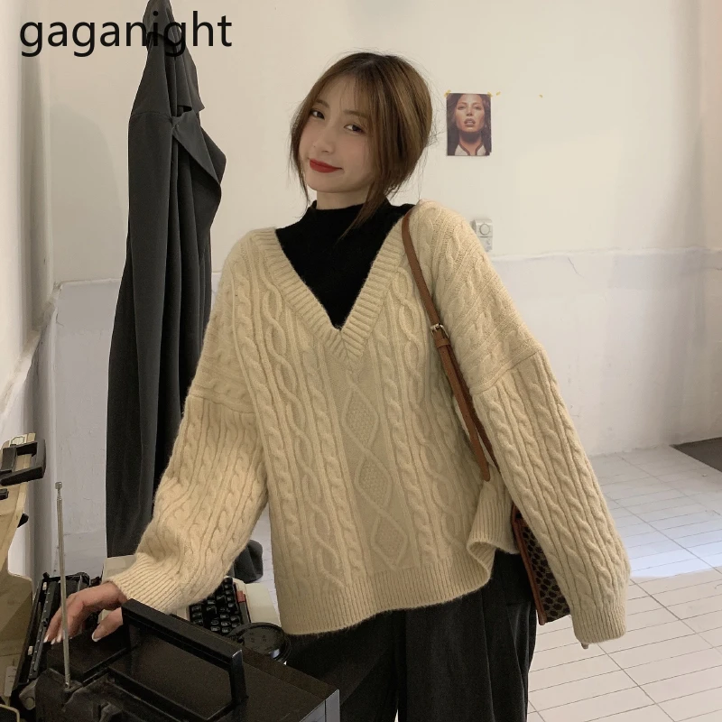 

Gaganight, женский свитер с двойным воротником с высоким воротом, новинка 2021, осень и зима, в японском стиле ретро, свободные тонкие Повседневные ...