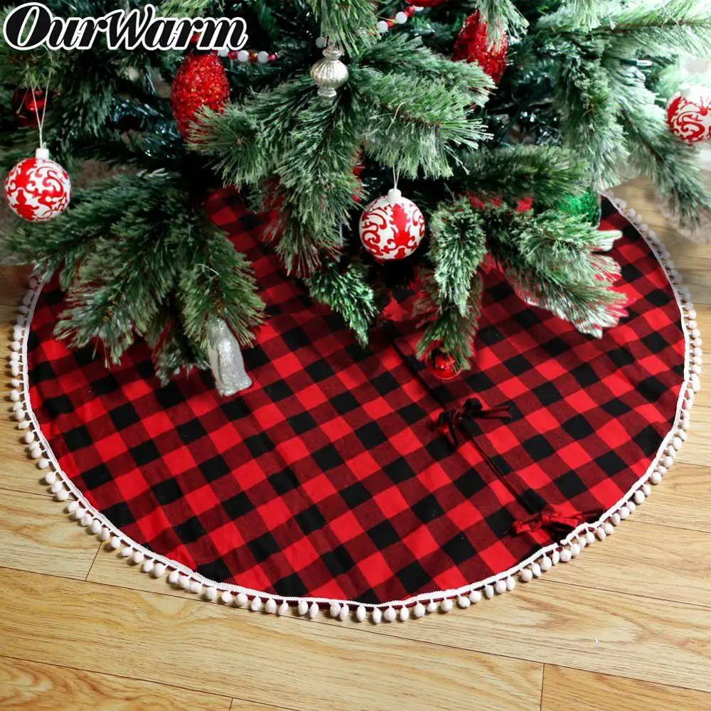 

OurWarm Buffalo Plaid Christmas Tree Skirt Red Double Layers Xmas Tree Skirt Home Party Decoration Fabric Christmas Tree Skirt