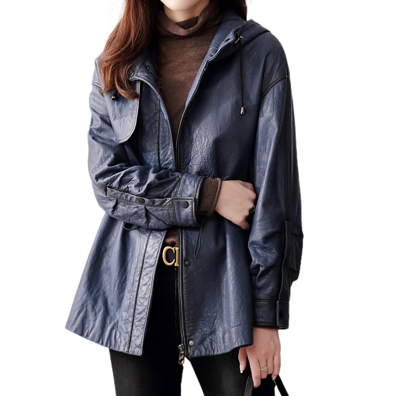 

JCHB 2021 sheepskin genuine leather Turkey coat Women's Mid-length slim trench coat coat single leather jacket