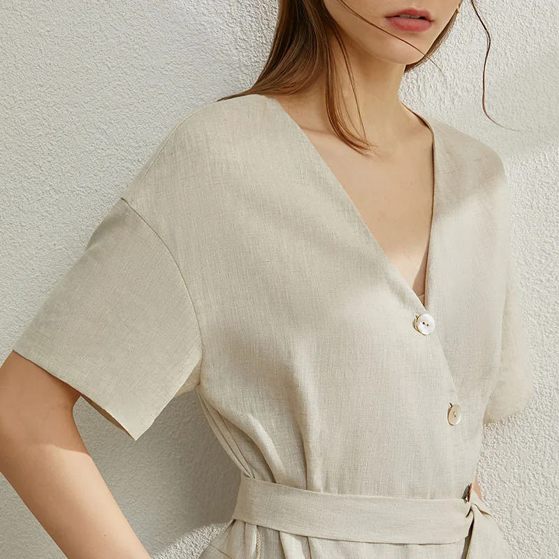 

AMII Minimalism Spring Summer Linen Women Drss Causal Vneck Slim Belt Irregular hem Female Mini Dress 12040285