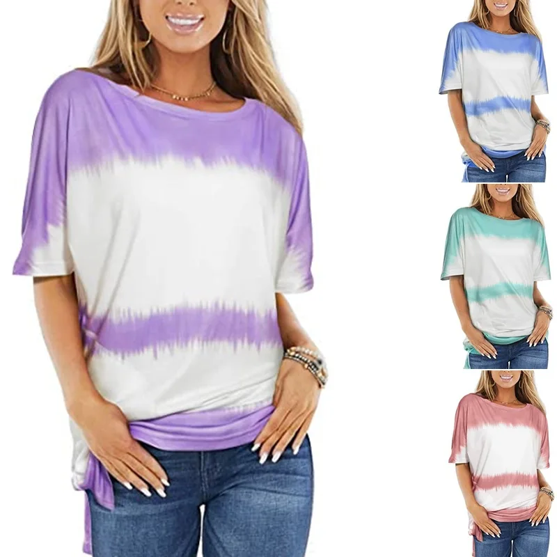 

2021 Women's T-Shirt New Summer Short Sleeve Tie-dye Tops Loose Round Neck Large Size Blouse Hot Selling