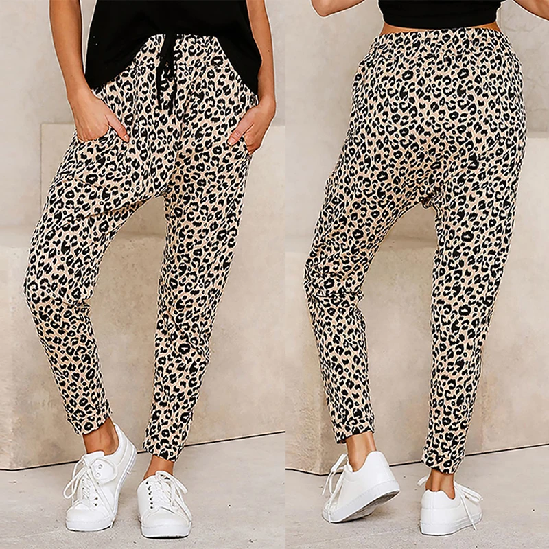 

Women Full Length Pants Autumn Leisure Fitness Trousers Leopard Print Lace Ladies Fashion Pocket Straight Leg Pants
